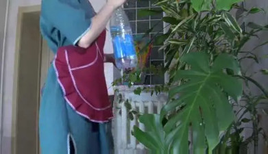 Maid pleases a TS with a strap-on