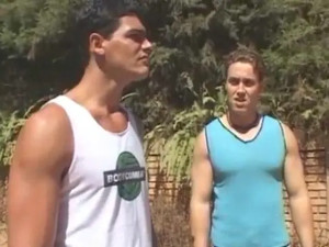 Blonde shemale and two guys outdoors