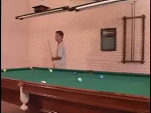Threesome act with tranny on a billiards table