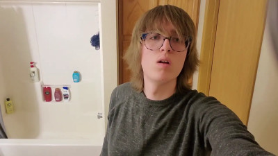 trans girl Stephanie sprays massive cumshot all over bathroom floor
