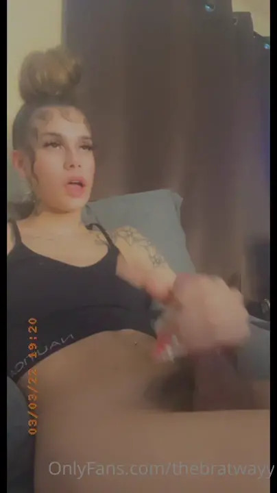 Watch Stroking her cock on the couch and shooting a cumshot Shemale Porn Videos | TranSexBig.