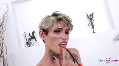 Latina shemale Sabrina Prezotte teasing and seducing in hot red lingerie