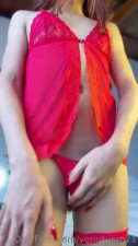 Stroking her cock and busting a nut in her red lingerie