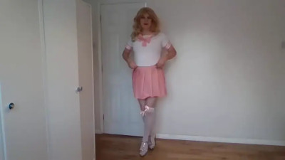 Pink and white outfit and panties pulled aside
