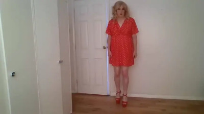 Red dress, high heels and g-string