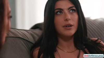 Busty tgirl Emma Rose facefucks gf and licks her hairy pussy