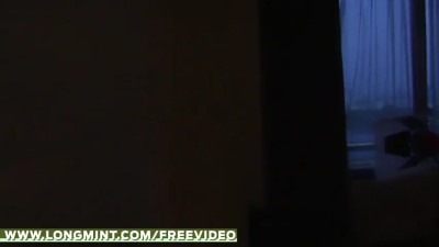 Teen ladyboy in orange bikini strokes her big cock till cumshot on mirror