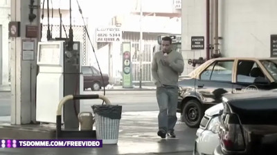 Busty brunette shemale gets her dick sucked outdoors in public