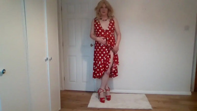 Red dress, high heels and G-string round my ankles