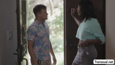 Slut Ebony shemale lets cute neighbor fuck her ass