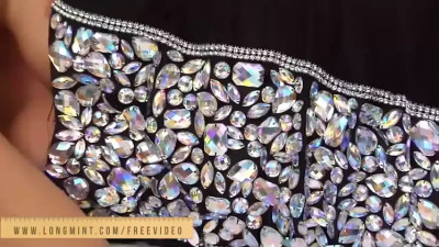 Long cock ladyboy in diamond dress jerks off solo until cumshot
