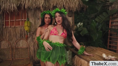 Cute guy stranded in island and fuck two shemale