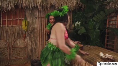Two busty shemale lets stranded guy fuck their ass