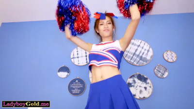 Amateur Thai ladyboy teen cheerleader Lee dancing on BFs big white cock