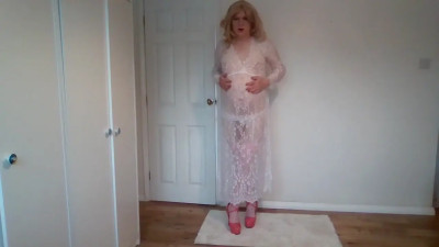 See-through white nightie with stockings and panties