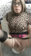 Mature crossdresser uses her cum as lube