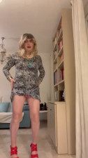 Daniela Monroe TV, Spanish shemale, poses hot and cums in snake dress, high heels, anal plug