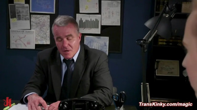 Shemale intern anal fucks old boss in the office