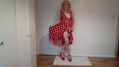 Nude striptease from red polka dress and G-string