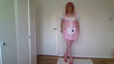 Pink and white uniform with pink high heels and white lingerie