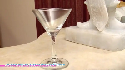Blonde ladyboy in white lingerie cums in glass and drinks it
