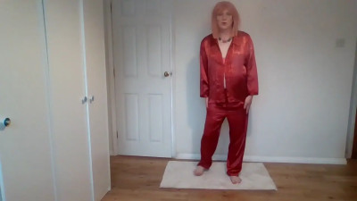 Nude strip from red pyjamas and pink lingerie