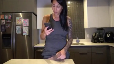 Sexy ts masturbates and cums on the kitchen counter