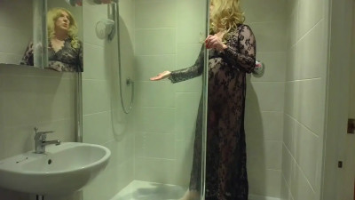 Taking a hot shower in my black lacy robe