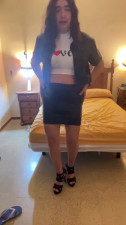 Horny Spanish shemale Daniela Monroe TV masturbates in the bedroom, miniskirt, heels, anal