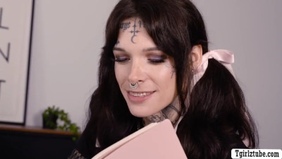 Tattooed TS Amy Nosferatu gets bareback fucked