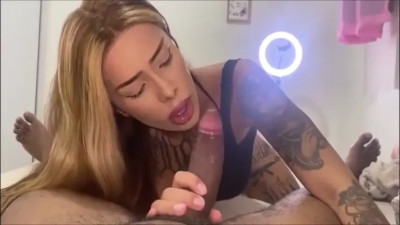 Thick tattooed shemale sucks cock and barebacked - POV