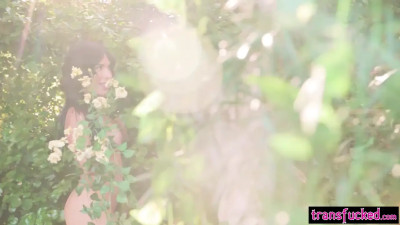 Sinful shemale Sage Roux in the Garden of Eden fucked by big cock first men