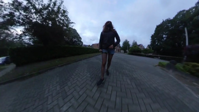 Stocking under hotpants stripped in public place