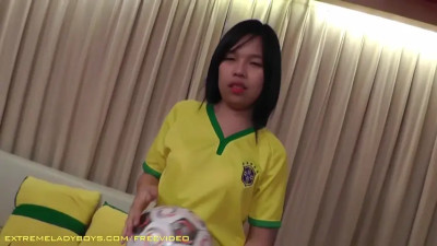 Small cock ladyboy rides in reverse cowgirl until cumshot on small tits