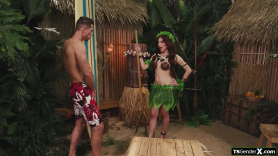 Big tits island shemale babe Ariel Demure anal fucks a guy