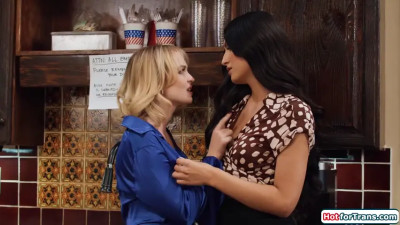 Tgirl and colleague let latina join the on the job fuckfest