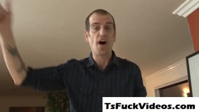 Trans woman has her breasts splattered with cum
