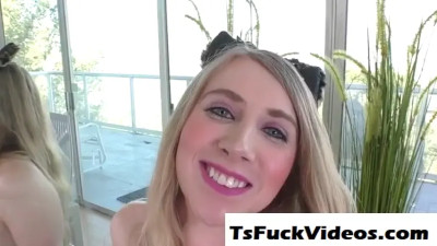 Tattooed trans babe takes it raw from another shemale