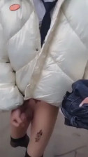 Asian girl with a little PP cums twice while walking home from school
