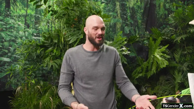 Trans Ariel Demure sucks and anal fucks cock in the jungle