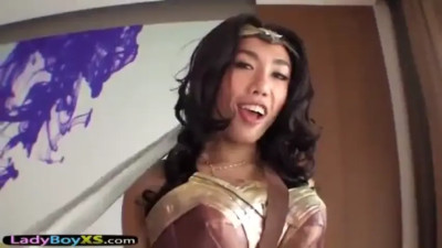 Ladyboy in a Wonder Woman costume gets barebacked hard