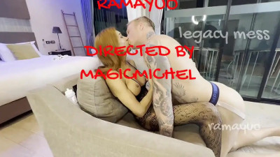Big cock Thai ladyboy in body stocking fucks athletic stud