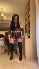 Horny Spanish shemale cums sexy dress  high heel boots anal