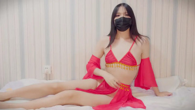 Chinese sissy in belly dancer costume whacks off and cums